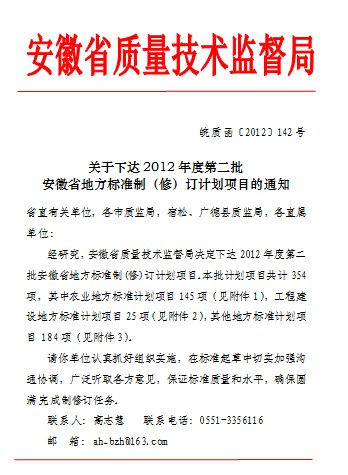 熱烈祝賀愛瑞特三項地方標準通過安徽省質量技術監督局立項